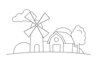 A windmill next to a barn – Windmill coloring page