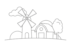 A windmill next to a barn – Windmill coloring page