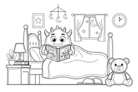 A monster reading a bedtime story under the blanket – Monsters coloring page