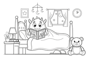 A monster reading a bedtime story under the blanket – Monsters coloring page