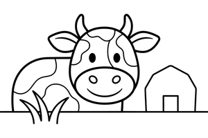 One big cow face up close, with two round eyes, floppy ears and horns – Playful Farm Animal coloring page