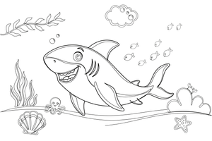 A shark chasing a little school of tiny fish – Curious Shark coloring page
