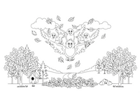 A flock of birds flying south in a V-shape across the autumn sky – Autumn Time Autumn Leaves coloring page