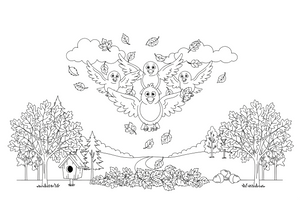 A flock of birds flying south in a V-shape across the autumn sky – Autumn Time Autumn Leaves coloring page