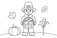 A friendly pilgrim child in a hat holding a basket – Thanksgiving Autumn coloring page