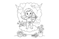 A cute cherub cupid holding a bow and a heart arrow, floating on a cloud – Valentine's Day coloring page
