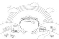 A pot of gold at the end of a rainbow on the green hills – St. Patrick's Day coloring page