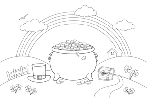 A pot of gold at the end of a rainbow on the green hills – St. Patrick's Day coloring page