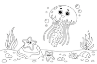 A jellyfish floating among rising bubbles over a rock with starfish – Glowing Jellyfish coloring page