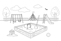 A sandbox with a bucket and spade – Playground coloring page