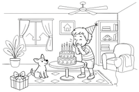 A child blowing out the candles on a birthday cake – Birthday Cake Wishes coloring page