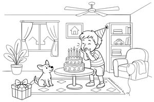 A child blowing out the candles on a birthday cake – Birthday Cake Wishes coloring page