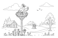 A stork standing in a big nest on a pole – Lithuanian Nature Plants coloring page
