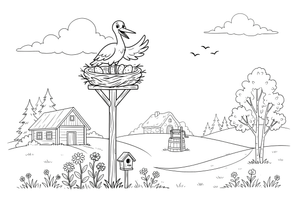 A stork standing in a big nest on a pole – Lithuanian Nature Plants coloring page