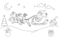 Santa's sleigh pulled by reindeer in the night sky – Santa Christmas Winter coloring page
