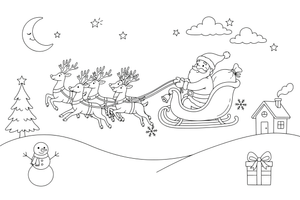 Santa's sleigh pulled by reindeer in the night sky – Santa Christmas Winter coloring page