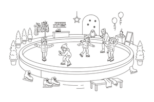 An ice rink with children ice skating in circles – Fun & Leisure Place coloring page