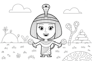 An Egyptian queen with a straight black bob, a headband and a snake crown (Cleopatra) – Historic People Around the World coloring page