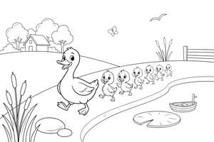 A mother duck leading a line of little ducklings to the pond – The Ugly Duckling Story coloring page