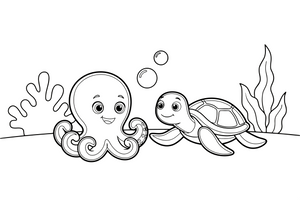 An octopus and a smiling sea turtle playing together – Octopus coloring page
