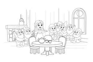 A girl and seven little dwarfs in a cozy cottage – Fairytale Stories coloring page