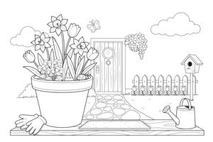 A pot of colorful spring flowers on a doorstep – Spring Flower coloring page