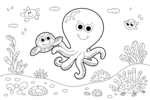 An octopus and a smiling sea turtle playing together – Octopus coloring page