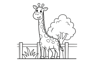 A giraffe reaching over a zoo fence – Zoo Day coloring page