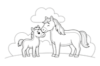 A soft baby foal nuzzling its mother horse – Baby Animal Pet coloring page