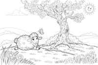A sheep resting under a tree – Sheep coloring page