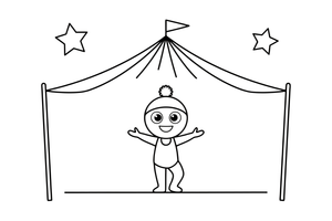 An acrobat balancing on a tightrope high above – Colorful Circus Tent coloring page