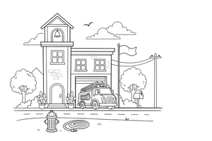 A fire station with a tall watchtower – Fire Station coloring page