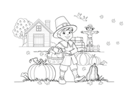 A friendly pilgrim child in a hat holding a basket – Thanksgiving Autumn coloring page