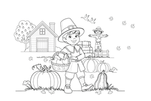A friendly pilgrim child in a hat holding a basket – Thanksgiving Autumn coloring page