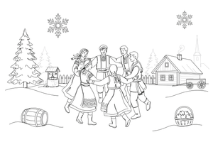 People in folk costumes dancing in a circle – Day of Restoration of the State of Lithuania Winter coloring page