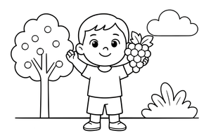 A child holding a bunch of grapes – Tropical Fruits coloring page