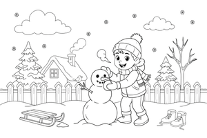 A child building a snowman with a carrot nose and a scarf – Four Seasons coloring page