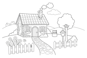 A cottage with ivy and a smoking chimney – Cottages coloring page