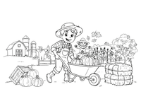 A child pushing a wheelbarrow full of big pumpkins – Autumn Harvest coloring page