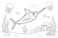 A swordfish gliding through the deep water – Fishes coloring page