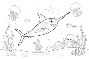 A swordfish gliding through the deep water – Fishes coloring page