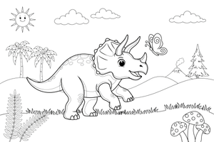 Triceratops chasing a butterfly – Triceratops Dinosaur Scenes coloring page