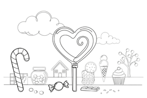 A heart-shaped lollipop on a stick – Candy & Chocolate Sweets coloring page
