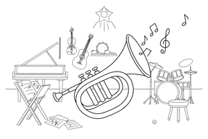 A trumpet with music notes coming out – Musical Instruments coloring page