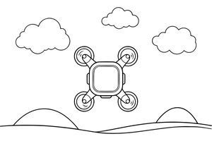 A small drone with four spinning propellers flying in the sky – Air coloring page