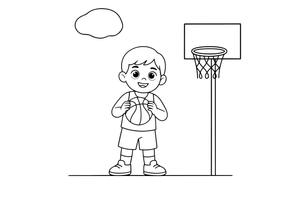 A cute kid in a basketball jersey holding a ball – Dynamic Basketball Players coloring page