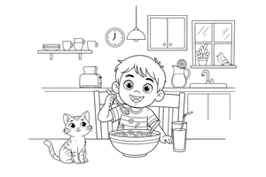 A child eating a bowl of cereal – Classic Breakfast coloring page
