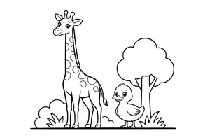 A tall giraffe standing next to a short little duck – Opposite Concepts coloring page
