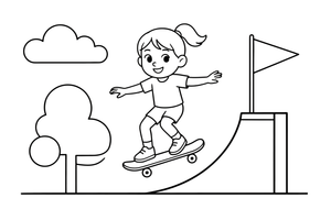 A skater girl on a ramp with a big jump – Cool Skateboarding coloring page