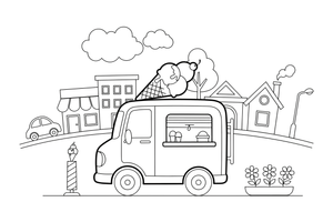 An ice cream truck with a big cone on top – City City Vehicles coloring page